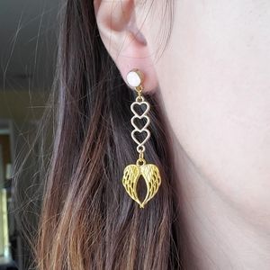 New Handmade Gold Angel Wing Heart Grometric Pink Stud Drop Earrings